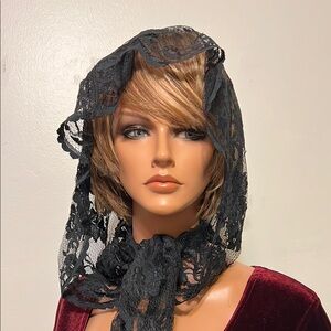 Elegant Black Lace Church  Hooded Mantilla Veil French style Hood Wrap
